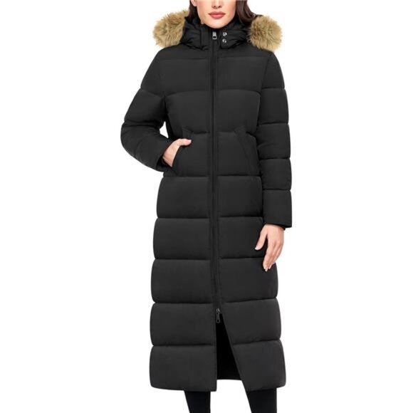 Jackets & Blazers - Women's Long Winter Puffer Coat Faux Fur Quilted Jacket with Detachable Hood